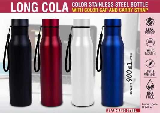 H241a – Long Cola Colored Stainless steel single wall bottle | With Colored Cap and Carry strap | Capacity 900ml approx