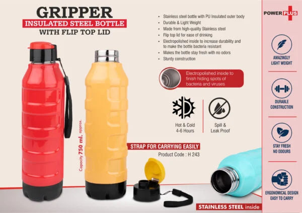 H243 – Gripper: Insulated Steel Bottle with Flip top lid | Keeps Hot & Cold for 4-6 Hours | Strap for Carrying easily | Capacity 750 ml approx
