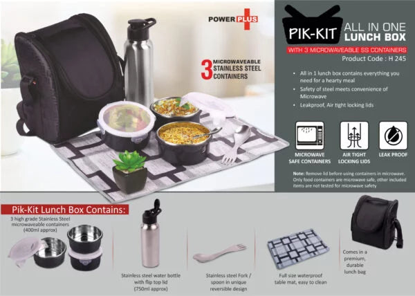 H245 – PIK-KIT: All in 1 Lunch box with 3 Microwaveable Steel containers | Contains SS bottle, Fork, Spoon, Tablemat, Premium Bag