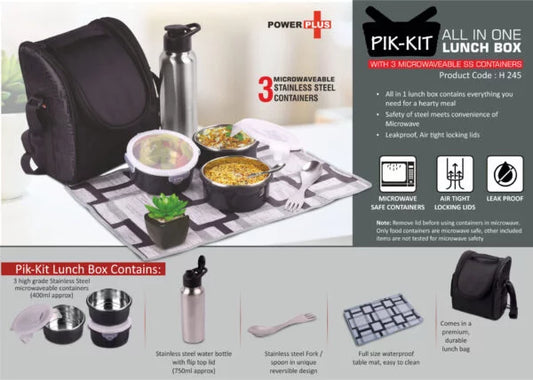 H245 – PIK-KIT: All in 1 Lunch box with 3 Microwaveable Steel containers | Contains SS bottle, Fork, Spoon, Tablemat, Premium Bag