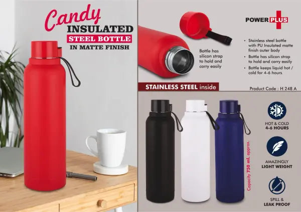 H248a – Candy: Insulated Steel Bottle with carry strap in Matte Finish | Keeps Hot & Cold for 4-6 Hours | Capacity 750 ml approx