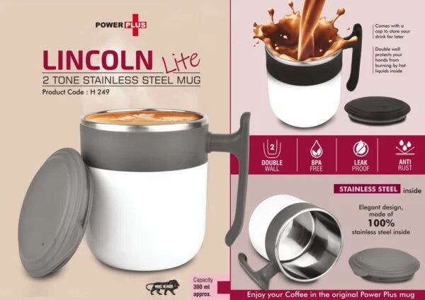 H249 – Lincoln Lite: 2 Tone Stainless steel Mug with Lid | Leak proof | BPA Free | Capacity 300 ml approx