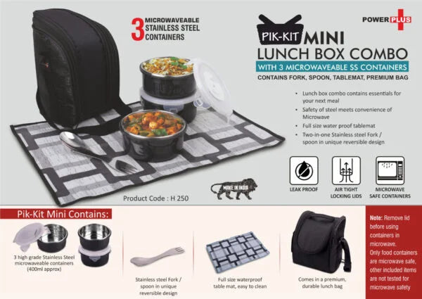 H250 – PIK-KIT mini: Lunch box combo with 3 Microwaveable Steel containers | Contains Fork, Spoon, Tablemat, Premium Bag