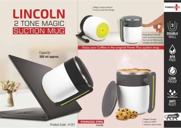 H251 – Lincoln : 2 Tone Magic Suction Mug with Stainless Steel inside | Leak proof | BPA Free | Capacity 300 ml approx