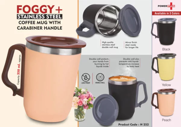 H252 – Foggy+ Stainless Steel coffee mug with Carabiner Handle | Leakproof Cap | Capacity 350ml approx