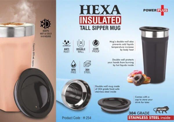 H254 – Hexa Insulated : Tall sipper mug with temperature retention | 304 grade Stainless steel inside | Keeps hot up to 4 hours | Capacity 375ml approx
