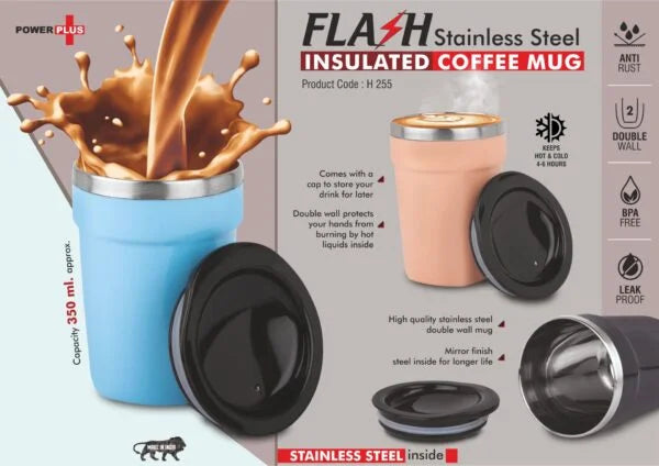 H255 – Flash Insulated : Stainless Steel Coffee mug with temperature retention | Leak Proof | Keeps hot up to 4 hours | Capacity 350ml approx
