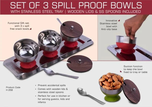H258 – Set of 3 Spill Proof Bowls with Stainless Steel Tray | Wooden Lids & SS Spoons included