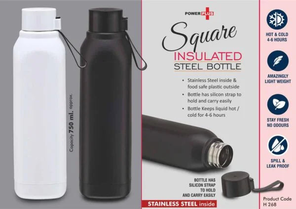 H268 – Square: Insulated Steel Bottle | Keeps Hot & Cold for 4-6 Hours | Strap for Carrying easily | Capacity 750 ml approx