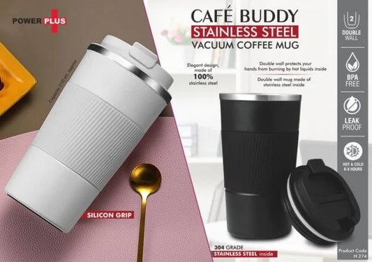 H274 – Cafe Buddy: Stainless Steel Vacuum coffee mug with Silicon Grip | Premium Flip top locking cap | Capacity 510ml approx