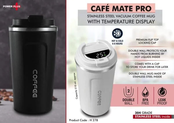 H278 – Cafe Mate Pro: Stainless Steel Vacuum coffee mug with Temperature Display | Premium Flip top locking cap | Capacity 510ml approx