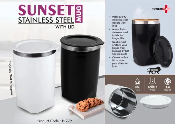 H279 – Sunset : Stainless Steel Mug with Lid | Leak proof | BPA Free | Capacity 360 ml approx