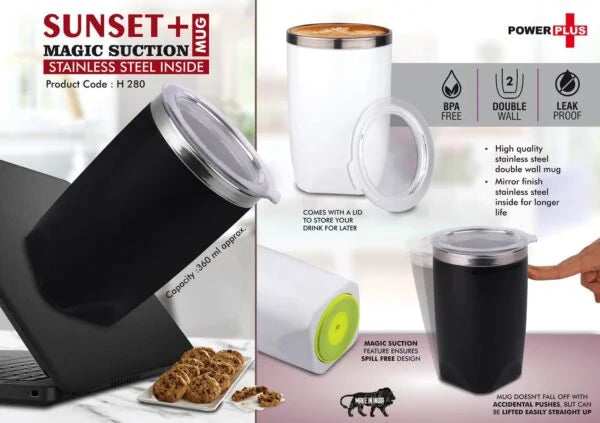 H280 – Sunset+ : Magic Suction Mug with Stainless Steel inside | Spill proof design | Leak Proof Lid | BPA Free | Capacity 360 ml approx