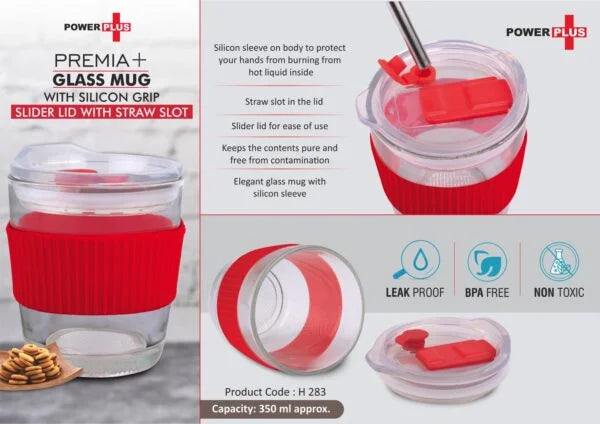 H283 – Premia+ Glass mug with Silicon Grip | Slider Lid with Straw slot | Capacity 350 ml approx