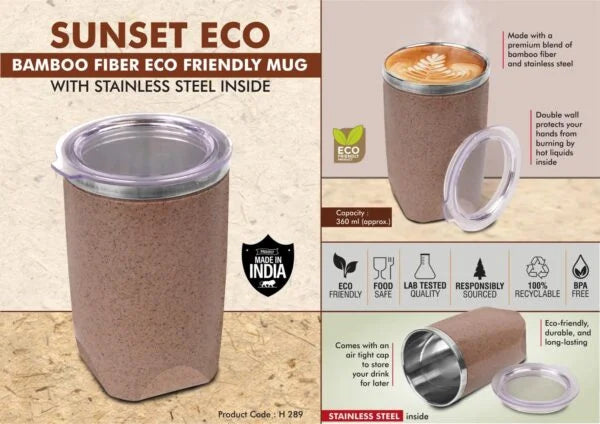 H289 – Sunset Eco: Bamboo Fiber Eco Friendly steel Mug with Stainless Steel Inside | Comes with Lid | Leak proof & BPA Free | Capacity 360 ml approx