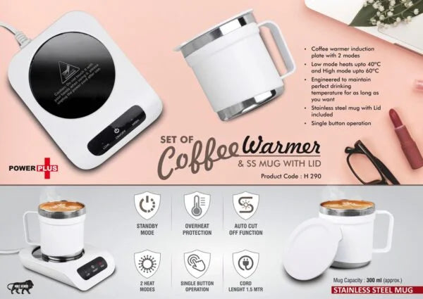 H290 – Set of Coffee warmer & SS Mug with Lid | Auto Cut off & Overheat Protection | 2 heat modes