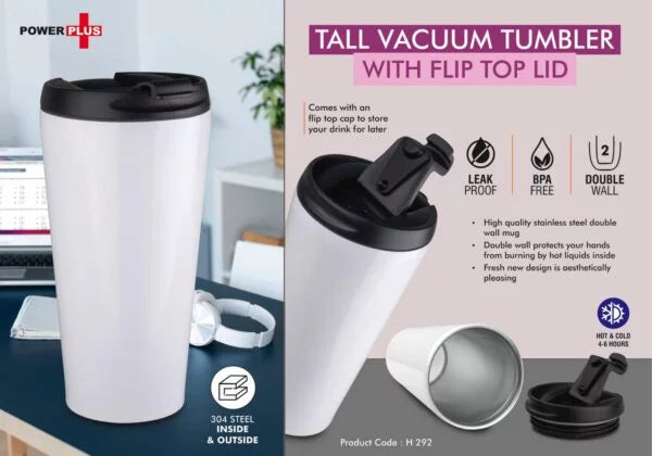 H292 – Tall Vacuum steel mug with Flip top lid | Capacity 500ml approx | Keeps hot upto 6 hours