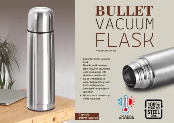 H299 – Bullet vacuum flask with Cap | Capacity 500ml approx | 304 grade steel