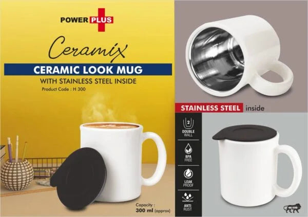 H300 – Ceramix: Ceramic Look mug with Stainless Steel inside | Lid included | Capacity 350ml approx