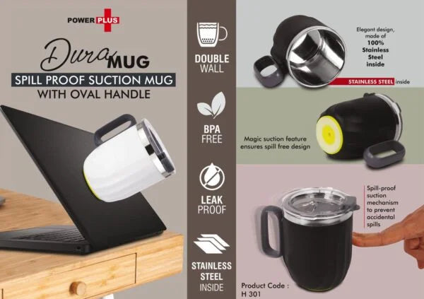 H301 – DuraMug: Spill Proof Suction mug with Oval handle | Capacity 350ml approx