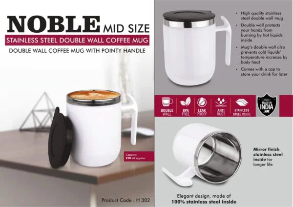 H302 – Noble: Mid Size Stainless Steel Double wall Coffee mug with Pointy handle | Leak Proof | Capacity 250ml approx