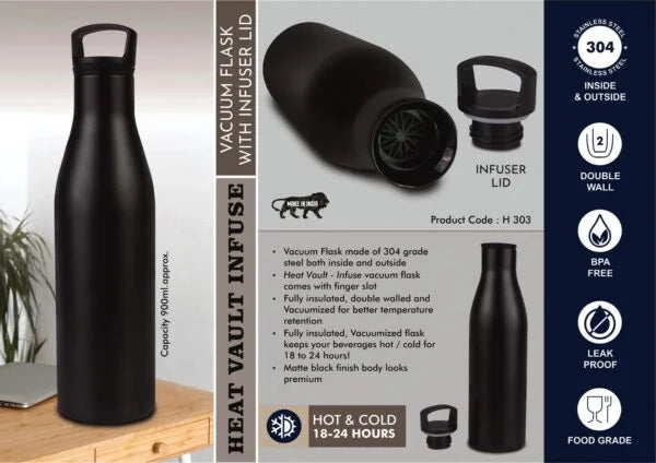H303 – HeatVault Infuse: 900 ml vacuum flask with infuser lid | 304 steel inside & outside | 18 hours hot/cold