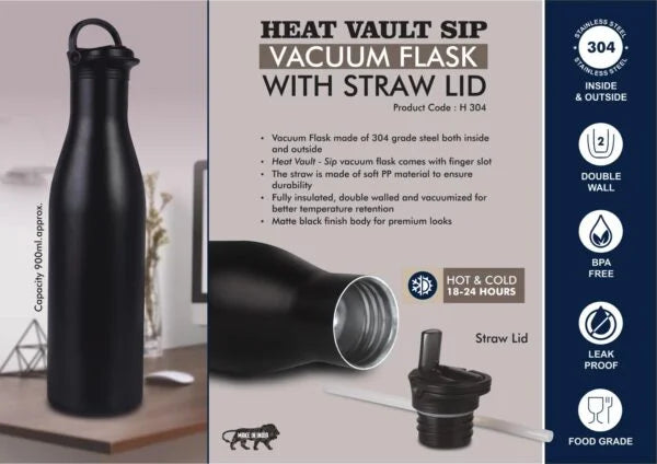H304 – HeatVault Sip: 900 ml vacuum flask with Straw lid | 304 steel inside & outside | 18 hours hot/cold