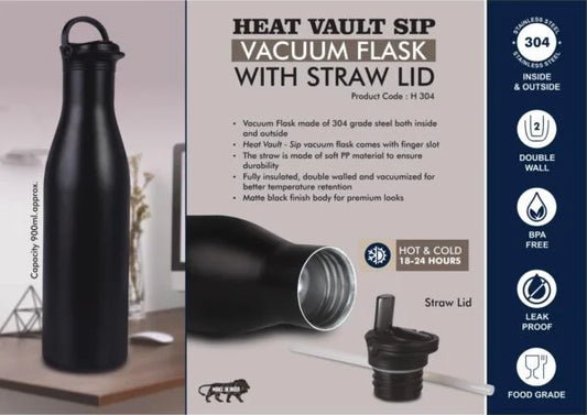 H304 – HeatVault Sip: 900 ml vacuum flask with Straw lid | 304 steel inside & outside | 18 hours hot/cold