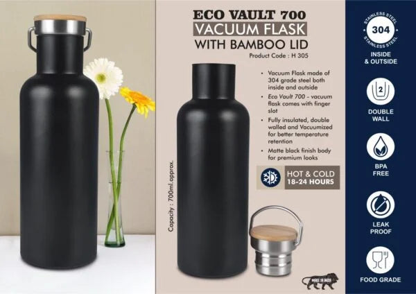 H305 – EcoVault 700: 700 ml vacuum flask with Bamboo lid | 304 steel inside & outside | 18 hours hot/cold