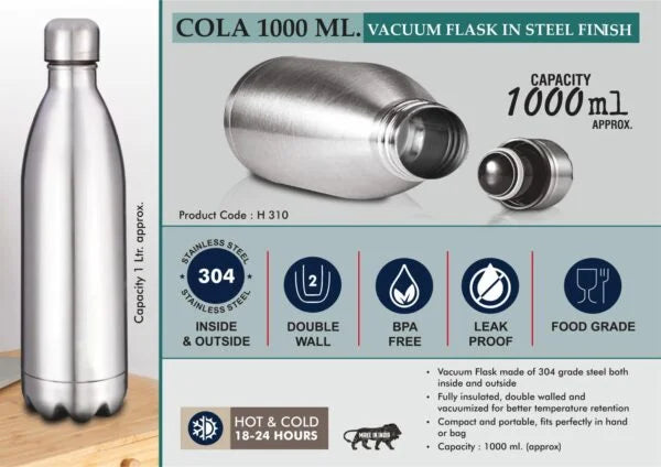 H310 – Cola 1000 ml Vacuum flask in Steel Finish | 304 steel inside & outside | 18 hours hot/cold