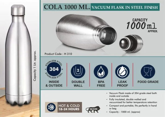 H310 – Cola 1000 ml Vacuum flask in Steel Finish | 304 steel inside & outside | 18 hours hot/cold