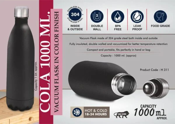 H311 – Cola 1000 ml Vacuum flask in Color Finish | 304 steel inside & outside | 18 hours hot/coldH311 – Cola 1000 ml Vacuum flask in Color Finish | 304 steel inside & outside | 18 hours hot/cold