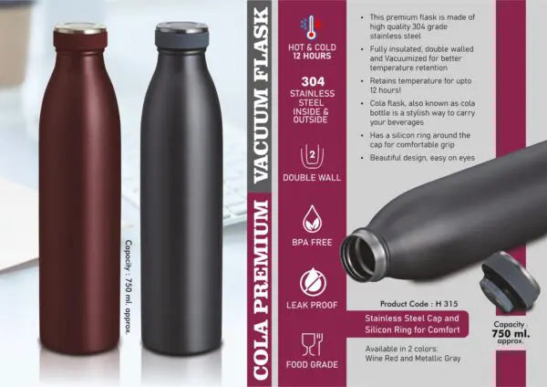 H315 – Cola Premium Vacuum Flask | 304 steel inside & outside | Capacity 750ml | 12 hours hot / cold