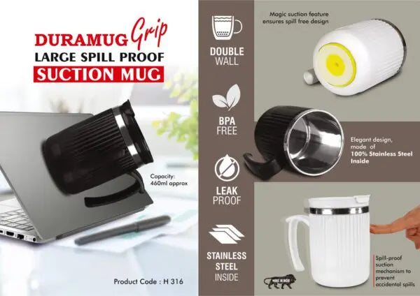 H316 – DuraMug Grip: Large Spill Proof steel Suction mug with Flip Top Lid | Capacity 460ml approx | Stainless steel inside