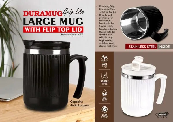 H317 – DuraMug Grip Lite: Large steel mug with Flip Top Lid | Capacity 460ml approx | Stainless steel inside