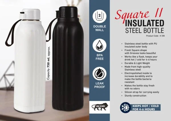 H318 – Square II: Insulated Steel Bottle | Keeps Hot & Cold for 4-6 Hours | Strap for Carrying easily | Capacity 750 ml approx