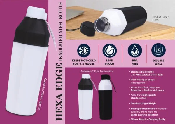 H319 – Hexa Edge: Insulated Steel Bottle | Keeps Hot & Cold for 4-6 Hours | Strap for Carrying easily | Capacity 750 ml approx