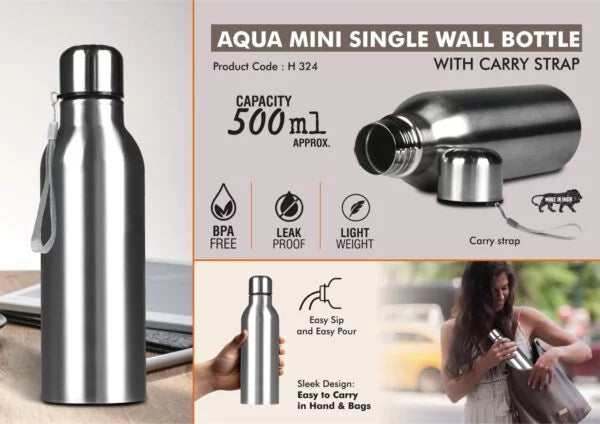 H324 – Aqua Mini Single Wall Steel Bottle with Carry strap