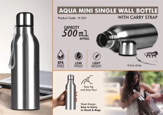 H324 – Aqua Mini Single Wall Steel Bottle with Carry strap