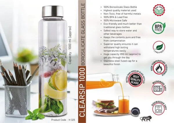 H325 – ClearSip 1000: Borosilicate Glass Bottle with Steel cap | Capacity 1000ml