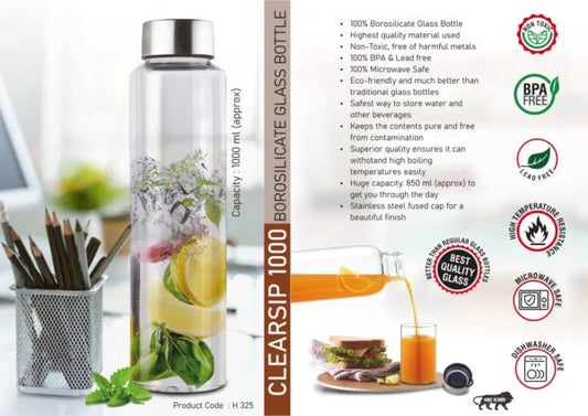 H325 – ClearSip 1000: Borosilicate Glass Bottle with Steel cap | Capacity 1000ml