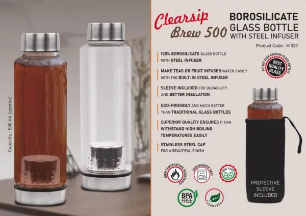 H327 – ClearSip Brew 500: Borosilicate Glass Bottle with Steel Infuser | Steel cap | Capacity 500ml