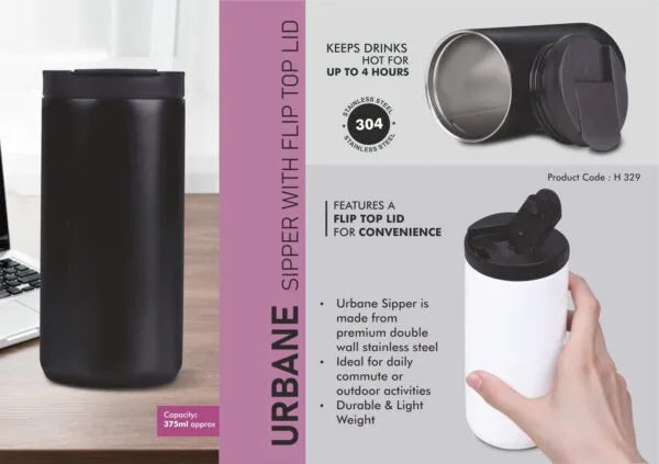 H329 – Urbane: Vacuumized mug sipper with flip top lid | Keeps hot upto 6 hours