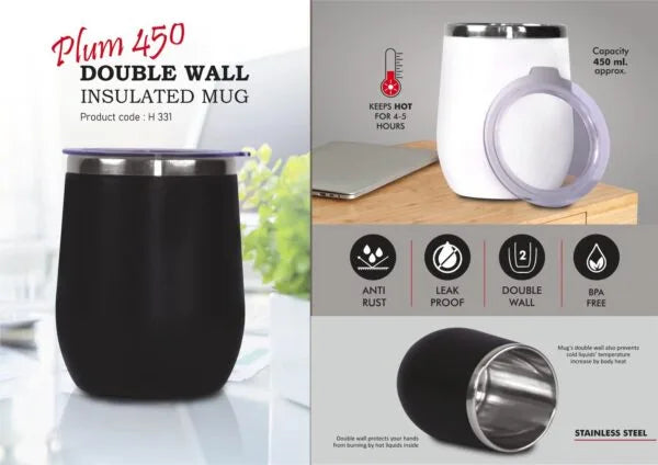 H331 – Plum 450: Double wall Insulated Mug | Keeps hot for 4-5 hours | Capacity 450ml Approx