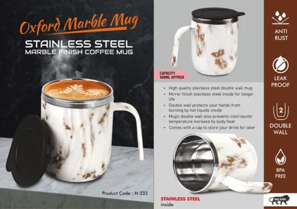 H333 – Oxford Marble Mug: Stainless Steel Double wall Coffee mug Marble Finish | Leakproof | Capacity 460ml approx