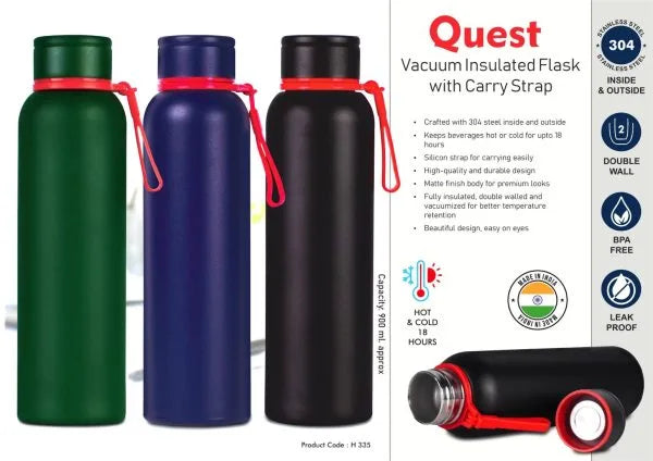 H335 – Quest 900ml Vacuum Insulated Flask with Carry Strap | 304 steel inside & outside | 18 hours hot/cold