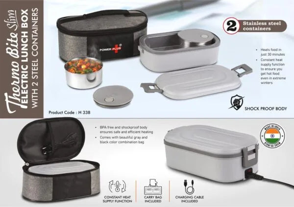 H338 – ThermoBite Slim: Electric Lunch Box with 2 Steel Containers | Carry Bag included
