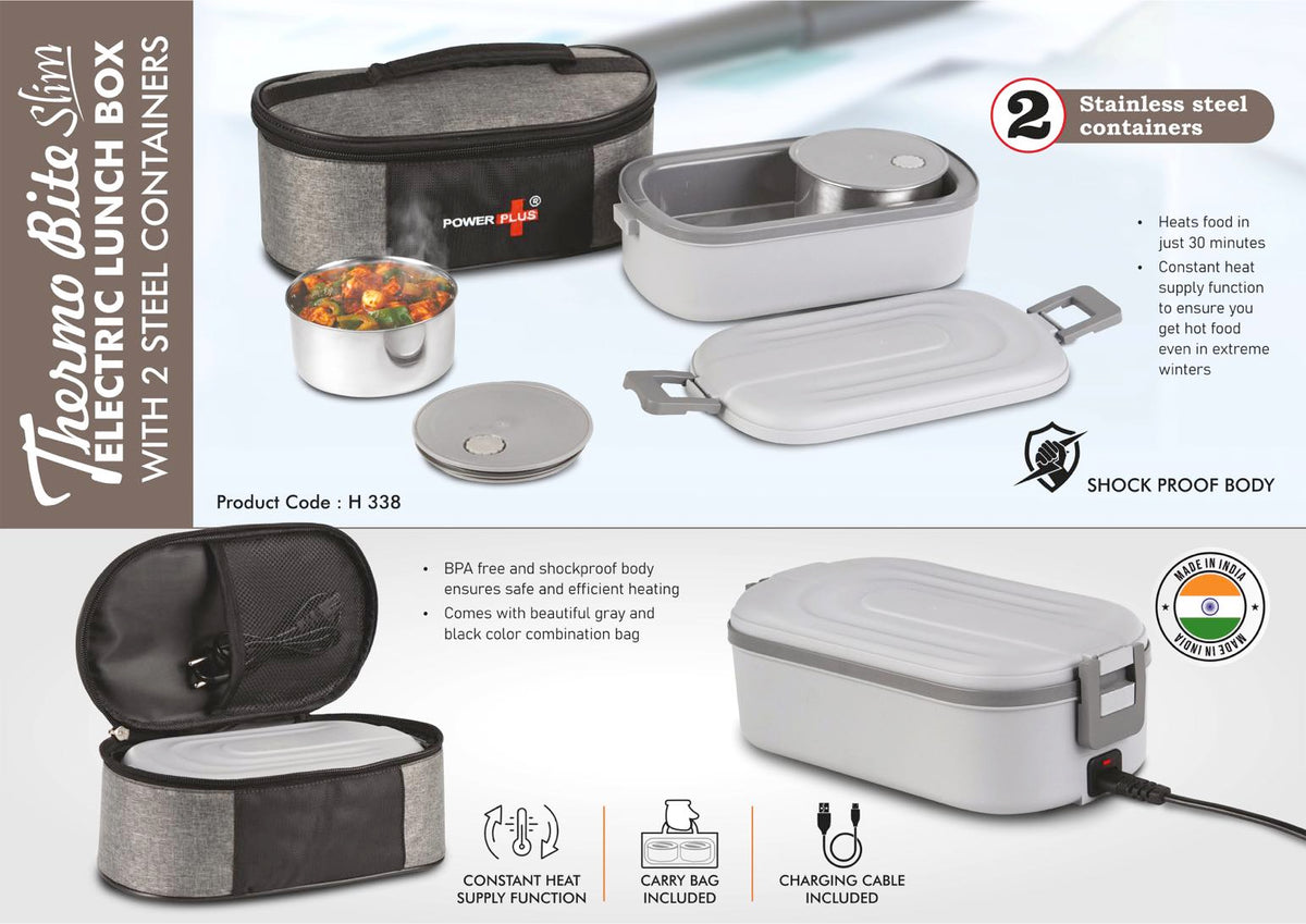 H338 – ThermoBite Slim: Electric Lunch Box with 2 Steel Containers | Carry Bag included