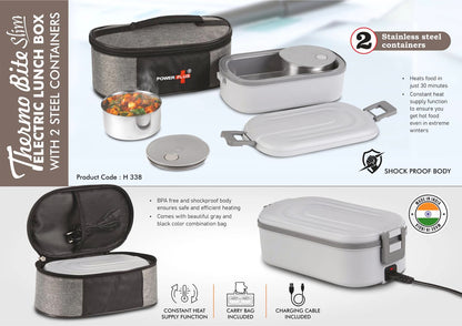 H338 – ThermoBite Slim: Electric Lunch Box with 2 Steel Containers | Carry Bag included