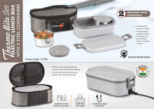 H338 – ThermoBite Slim: Electric Lunch Box with 2 Steel Containers | Carry Bag included
